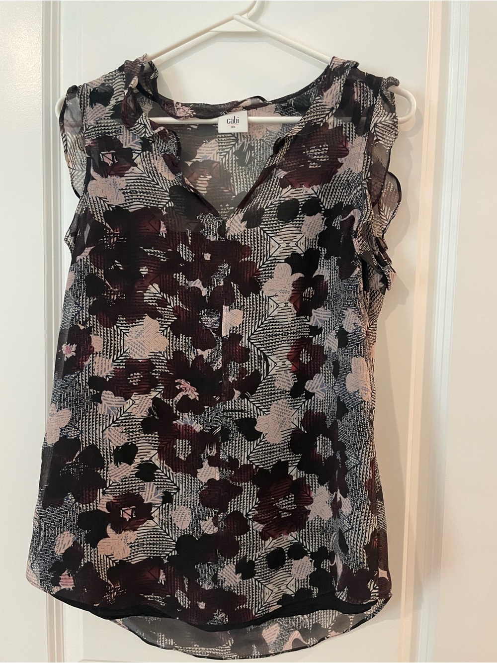 CAbi Black and Pink Floral Ruffle Sleeve V-Neck Camisole